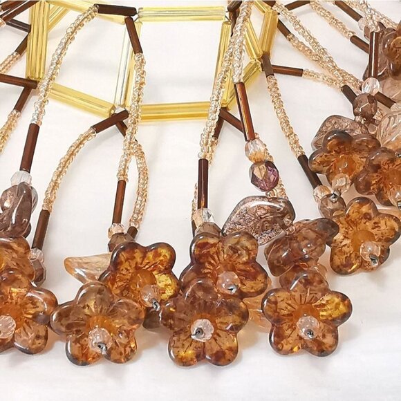 CZECH Amber glass flower cascade choker necklace collier - Picture 7 of 8